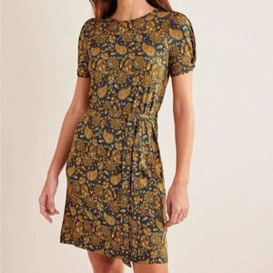 Boden Knot Detail Jersey Mini Dress Size 2 Blue Yellow Paisley Short Sleeve